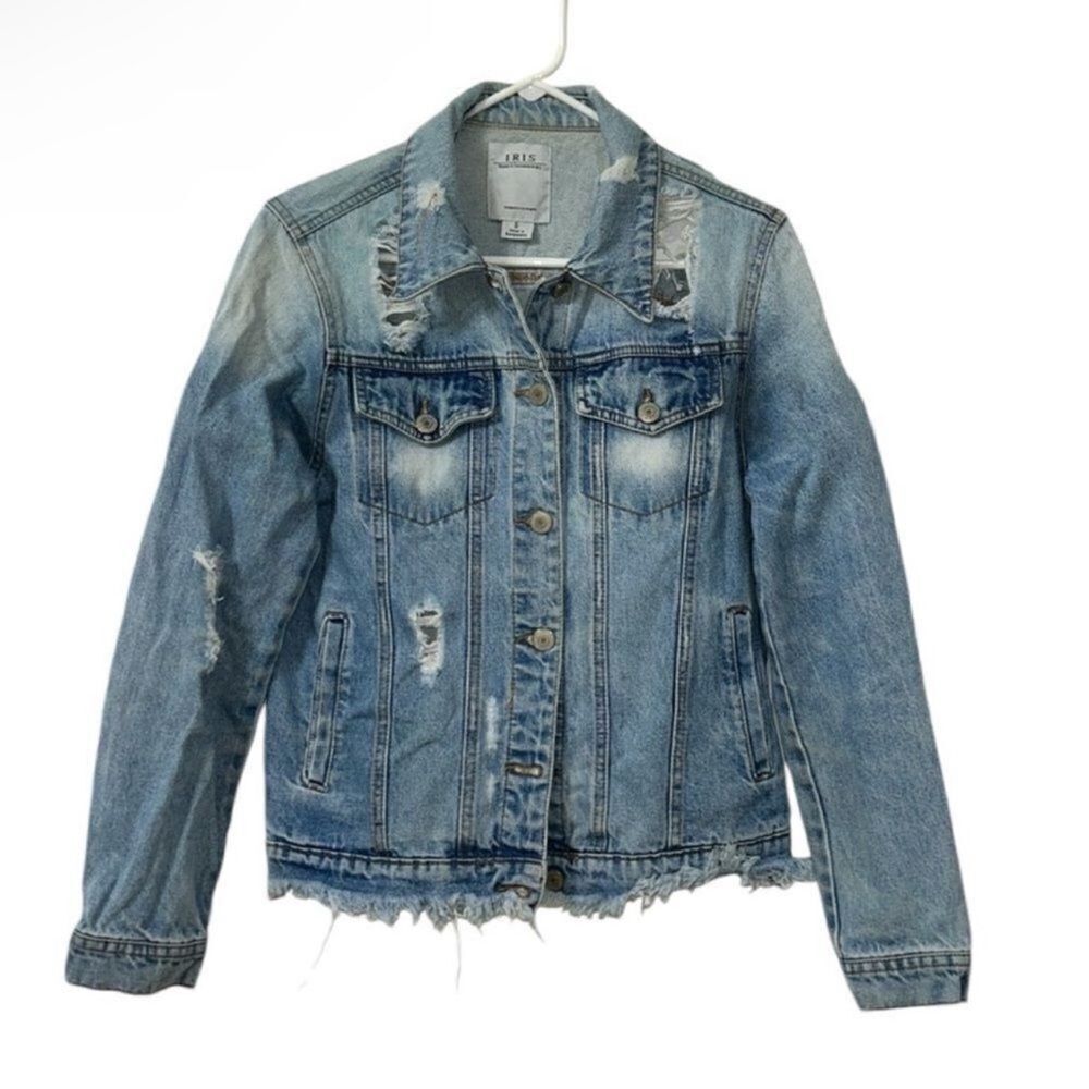 Iris Blue Distressed Denim Jacket(Size Small)